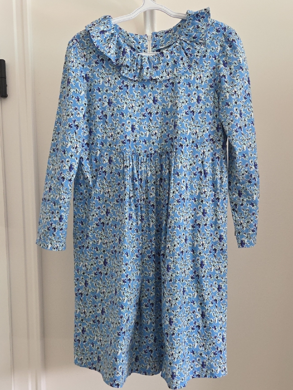 Girls' Light Blue Floral Long-Sleeve Dress with Ruffle Neck